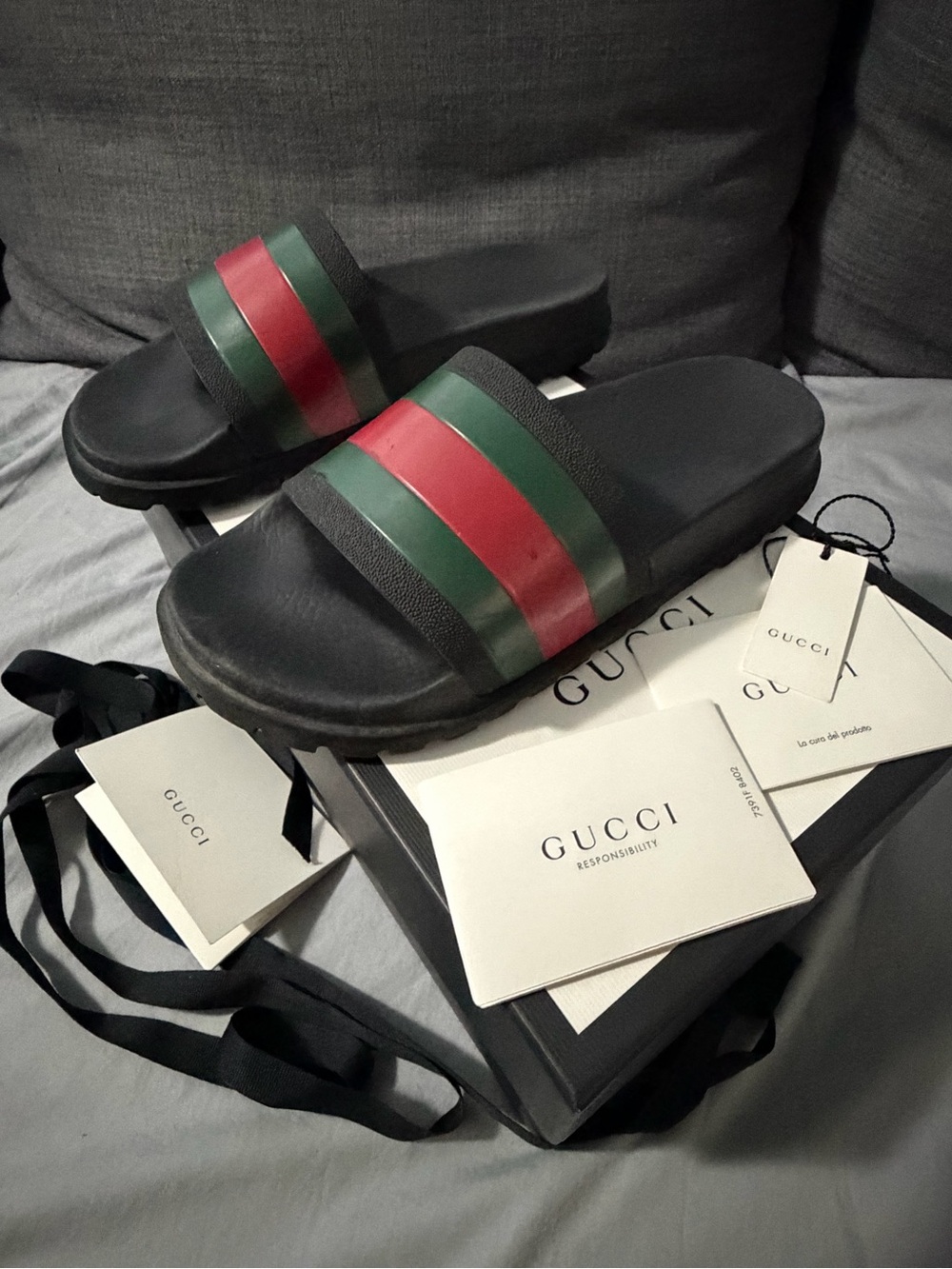 Gucci Black Slides with Signature Red & Green Stripe